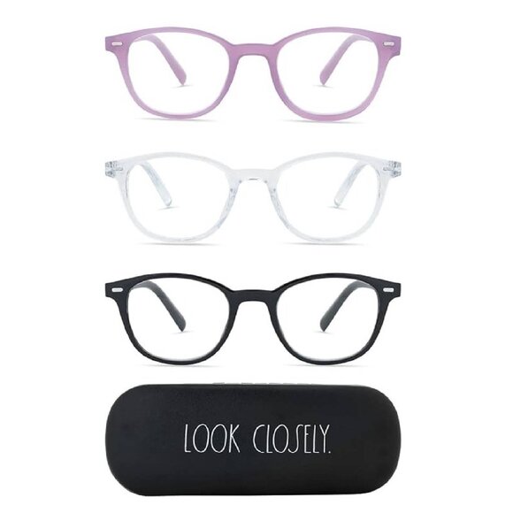 NEW Rae Dunn Set of 3 Premium Reading Glasses & Case Black Clear Purple +1.50 - Picture 3 of 6